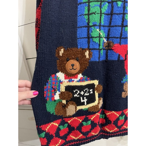 VTG PBJ Sport Sweater School Days Teddy Bears Large Cotton Blend Cardigan Red - Picture 5 of 7